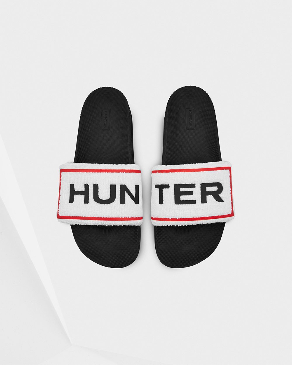 Mens Slides - Hunter Original Terry Towelling Logo Adjustable (46TLFCWVG) - Black/White